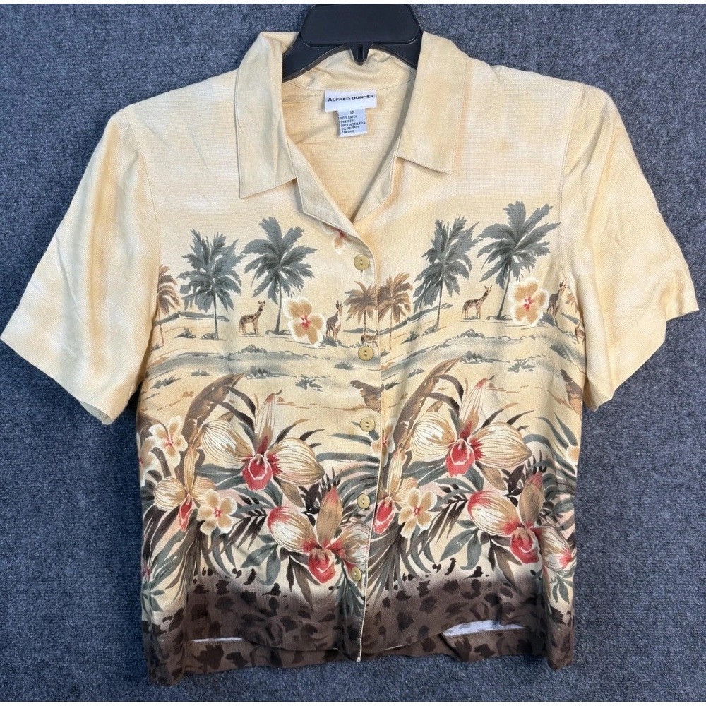 Alfred Dunner Tropical Hawaiian Button Up Shirt Womens Size 12 Beige Rayon Beach